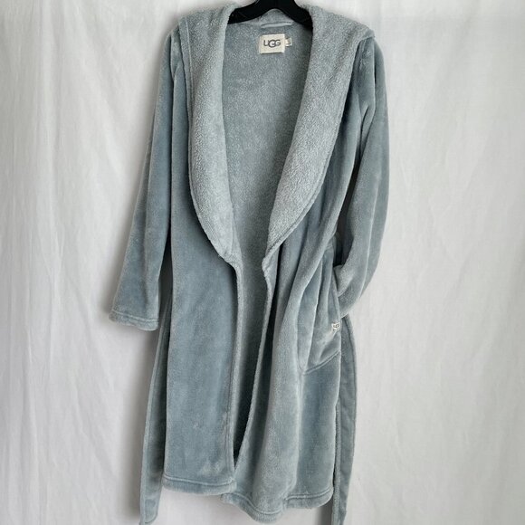 UGG Women’s Miranda Fleece Hooded Short Robe Size S Blue Plush Belted Pockets - Picture 10 of 11
